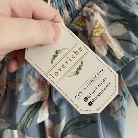 Loveriche Women SZ L Blue Floral Off Shoulder Ruffle Top Wide Leg Jumpsuit NWT - Picture 9 of 12